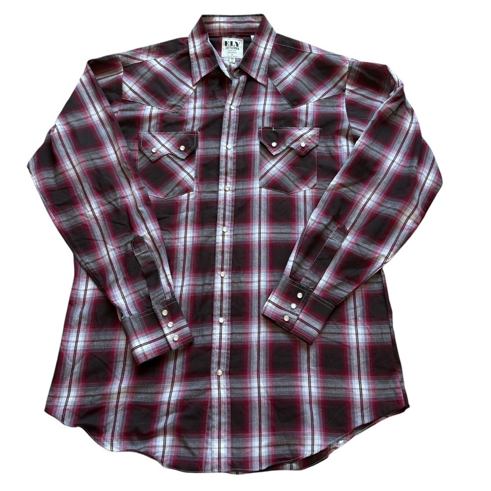 Ely Cattleman Western Pearl Snap Plaid Shirt Mens LT Tall Long Sleeve Rugged Red - Picture 2 of 9